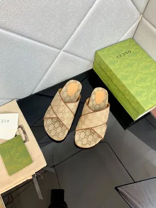 Gucci Beige Brown GG Monogram Canvas Crossed Leather Straps Slippers 4