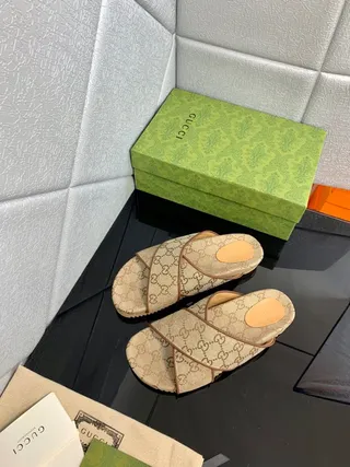 Gucci Beige Brown GG Monogram Canvas Crossed Leather Straps Slippers 6