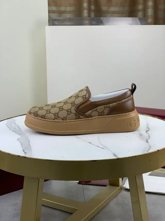 Gucci Beige Brown GG Monogram Canvas Leather Trim Loafer 5