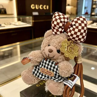 Gucci Beige Brown Plush Teddy Bear Gingham Bow Handbag