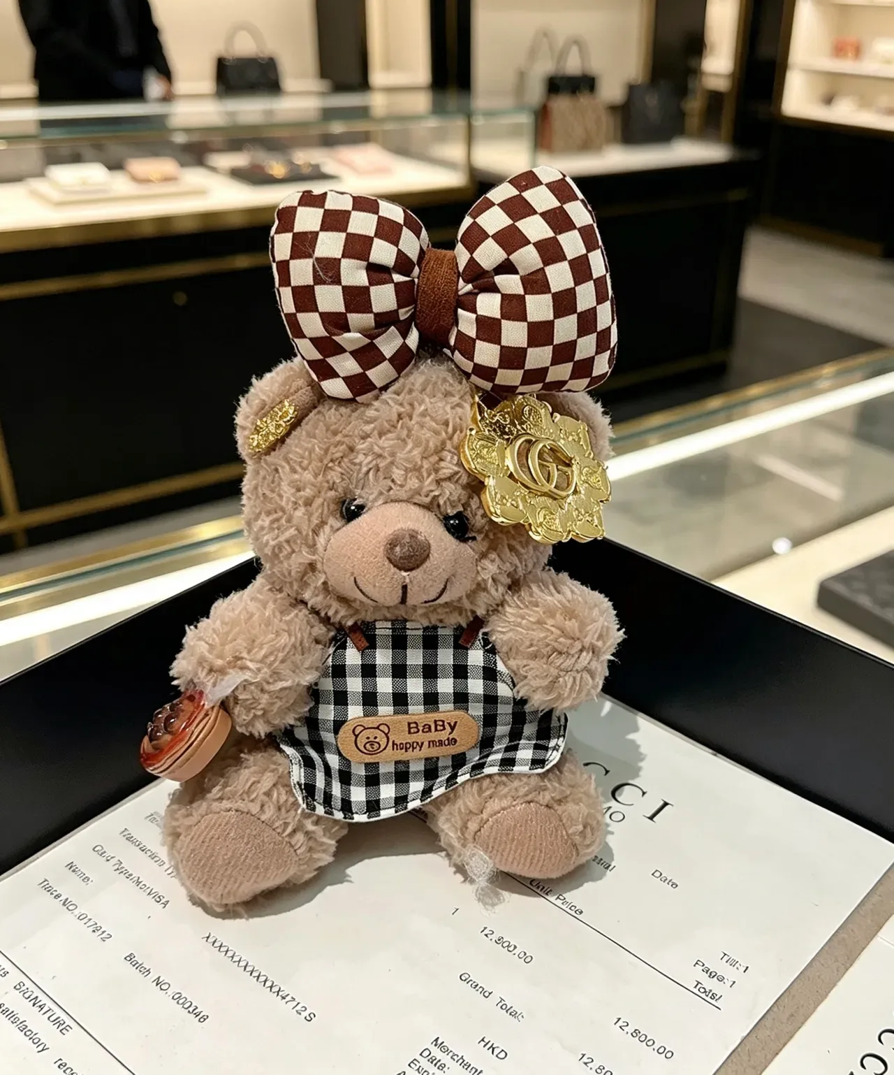 Gucci 米棕色毛绒泰迪熊格子蝴蝶结手提包 3
