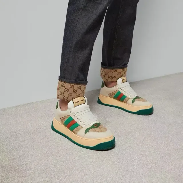 Gucci Tênis Lifestyle Bege Verde Sola Plataforma GG Monogram Lona 4