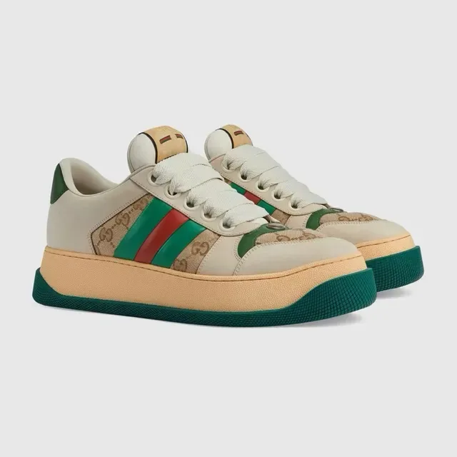 Gucci Tênis Lifestyle Bege Verde Sola Plataforma GG Monogram Lona 6