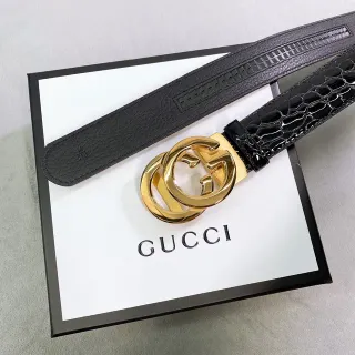 Gucci Black Gold Interlocking G Buckle Dual-Texture Leather Belt