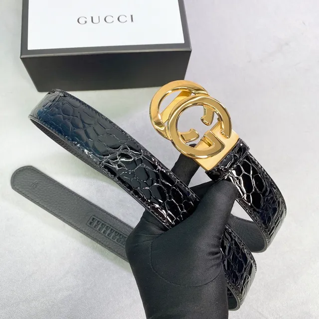 Gucci Ceinture en Cuir de Textures Duales avec Boucle Interlocking G Or Noir 2