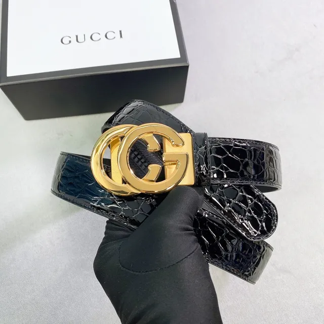Gucci Ceinture en Cuir de Textures Duales avec Boucle Interlocking G Or Noir 3