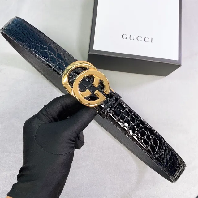 Gucci Ceinture en Cuir de Textures Duales avec Boucle Interlocking G Or Noir 6