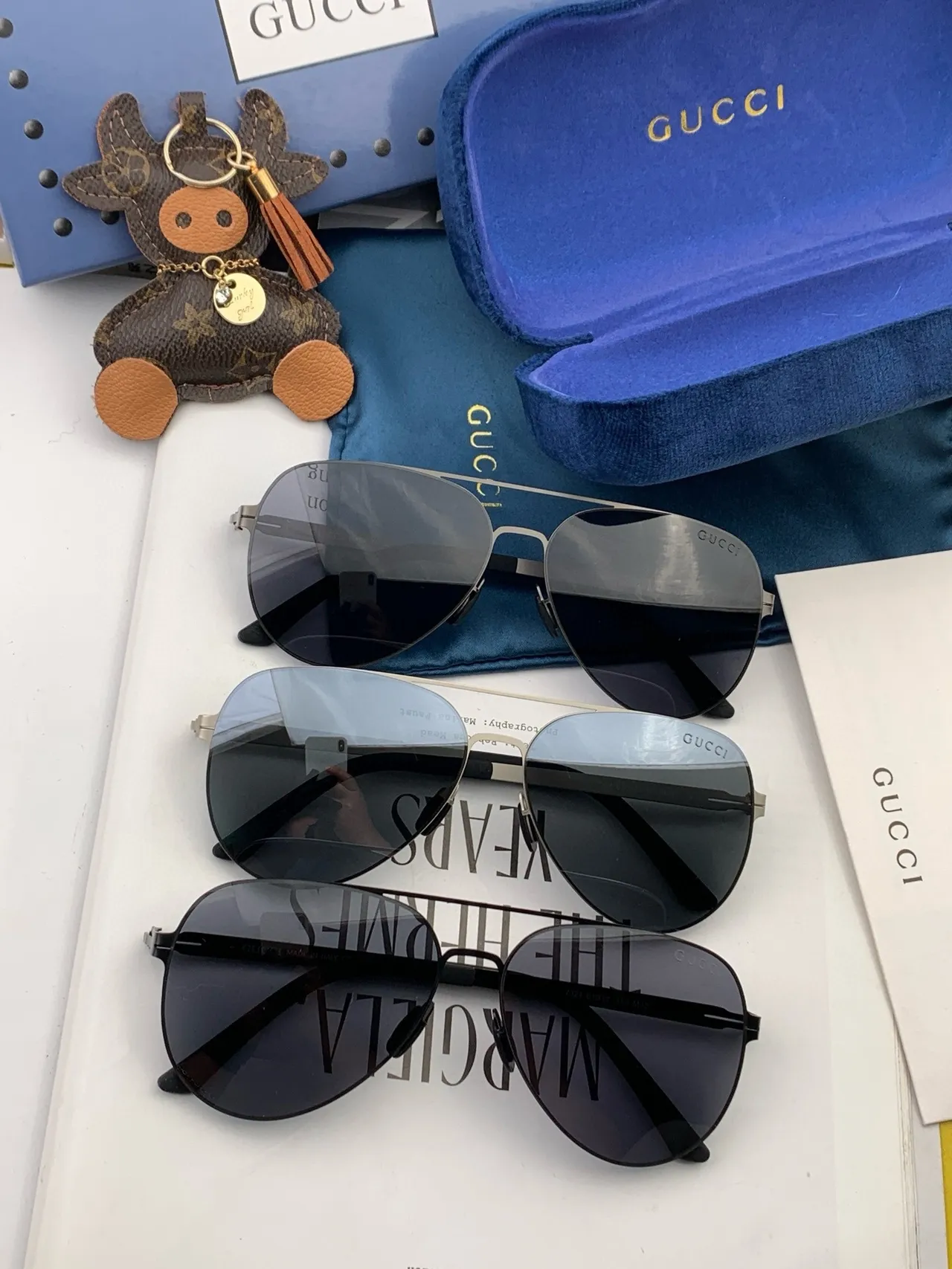 Gucci نظارات شمسية إطار معدني أسود رمادي رفيع شكل طيار ملهم 3