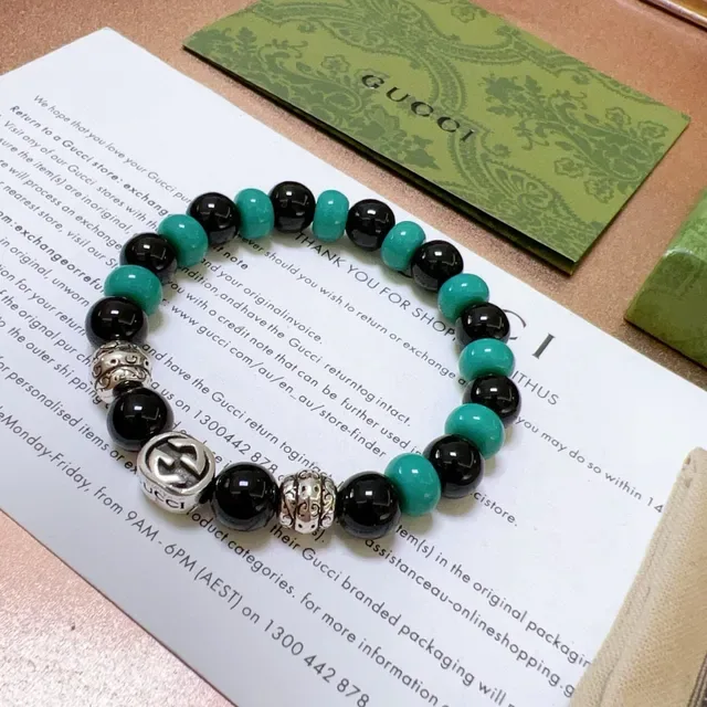 Gucci Black Green Beaded Stretch Turquoise Bracelet 9