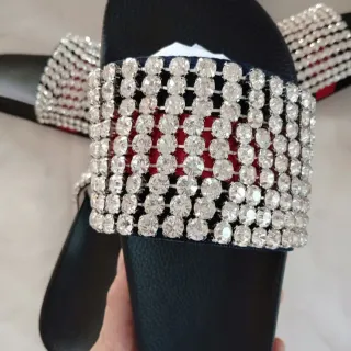 Gucci 黑色 红色 镶钻 网条纹 拖鞋