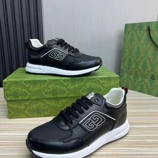 Gucci Negro Blanco Cuero Y Perforado Superior Interlocking GG Logo Lifestyle Sneakers