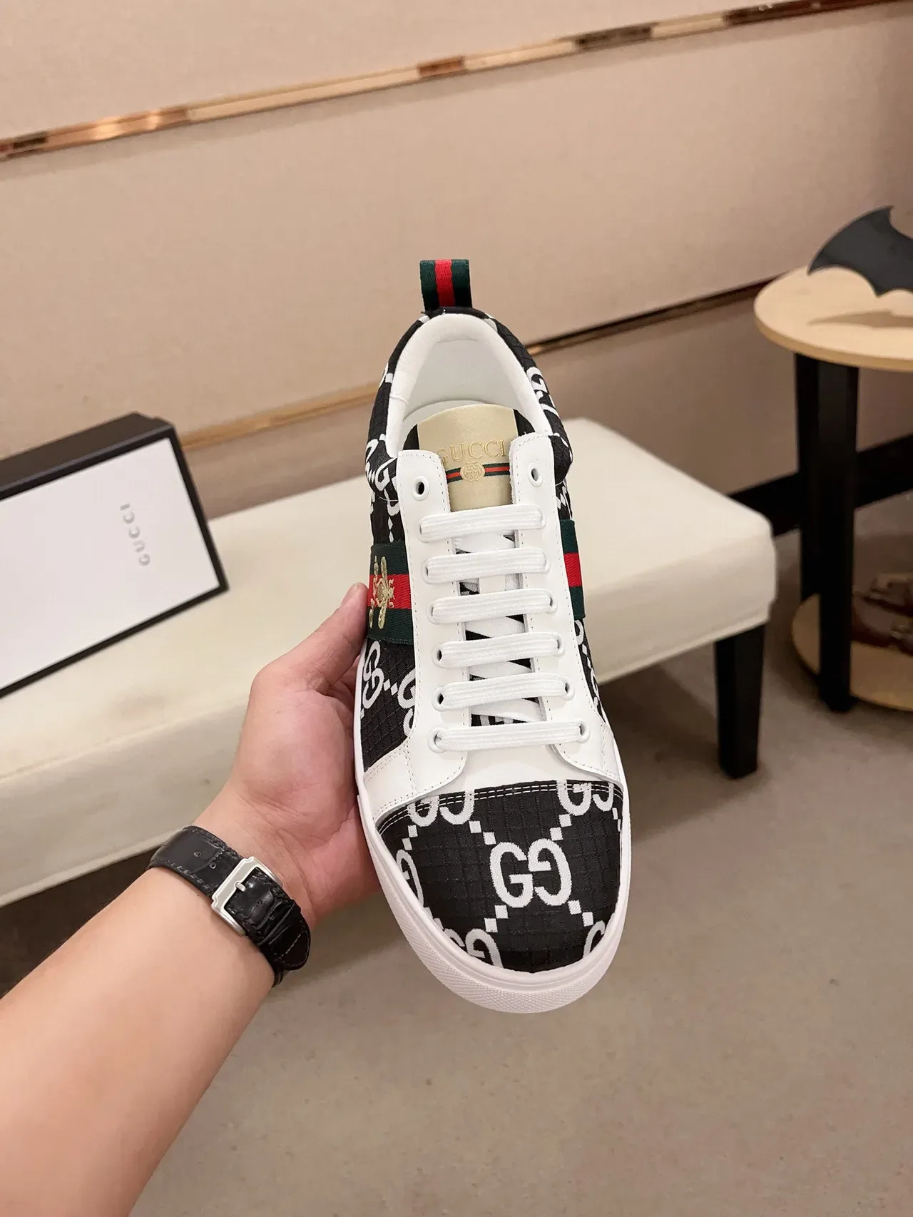 Gucci Black White Monogram Canvas Web Stripe Lifestyle Sneakers 2