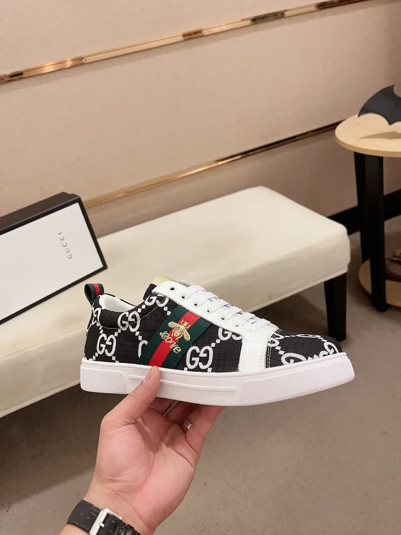 Gucci Black White Monogram Canvas Web Stripe Lifestyle Sneakers 4