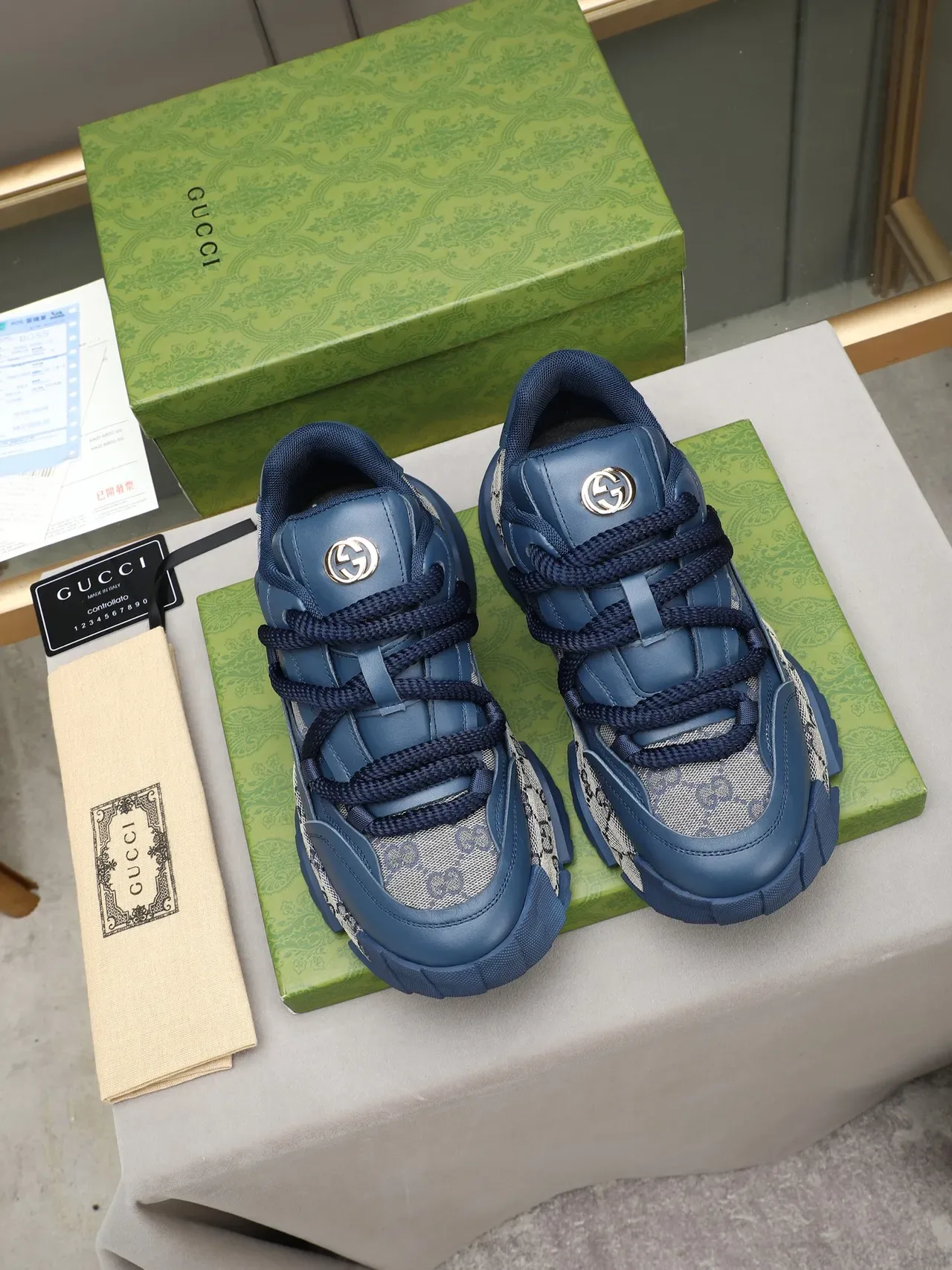 Gucci Blue Beige Sole GG Monogram Canvas Chunky Sneakers 2