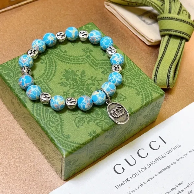 Gucci Bracelet de Perles Bleu Argent Élastique Effet Pierre Turquoise 2