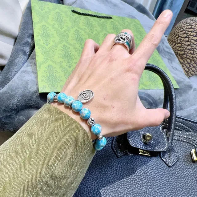 Gucci Bracelet de Perles Bleu Argent Élastique Effet Pierre Turquoise 3
