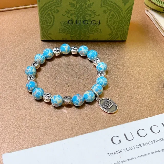 Gucci Bracelet de Perles Bleu Argent Élastique Effet Pierre Turquoise 4