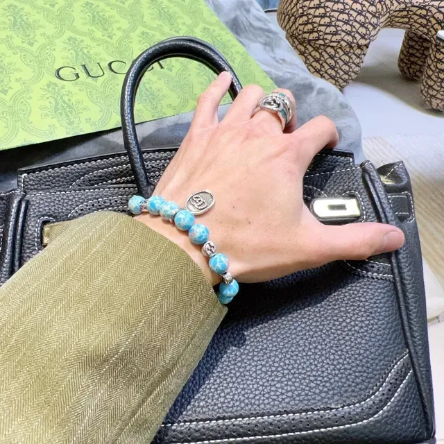 Gucci Bracelet de Perles Bleu Argent Élastique Effet Pierre Turquoise 5