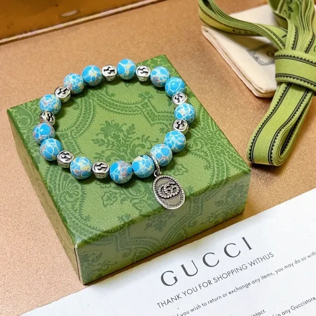 Gucci Bracelet de Perles Bleu Argent Élastique Effet Pierre Turquoise 6