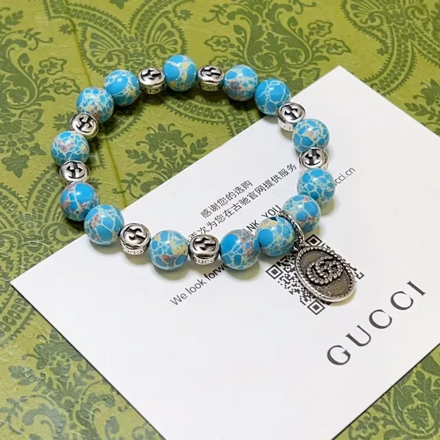 Gucci Bracelet de Perles Bleu Argent Élastique Effet Pierre Turquoise 7