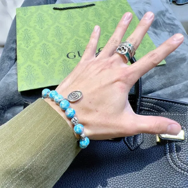 Gucci Bracelet de Perles Bleu Argent Élastique Effet Pierre Turquoise 8