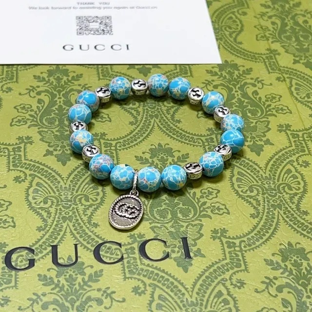 Gucci Bracelet de Perles Bleu Argent Élastique Effet Pierre Turquoise 9