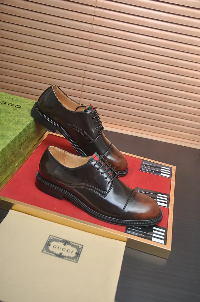 Gucci Brown Beige Cap-Toe Polished Leather Oxford Shoes 4