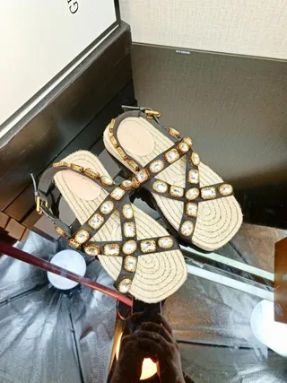 Gucci Brown Beige Embellished Woven Jute Sole Gladiator Sandals 4