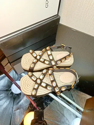 Gucci Brown Beige Embellished Woven Jute Sole Gladiator Sandals 7