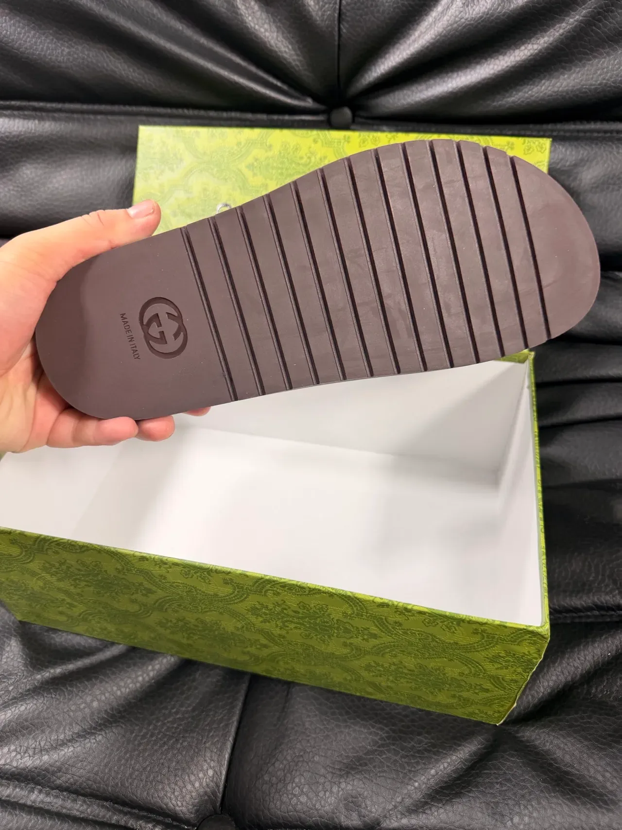 Gucci Brown Green Embossed Logo Strap Molded Rubber Sole Slippers 2