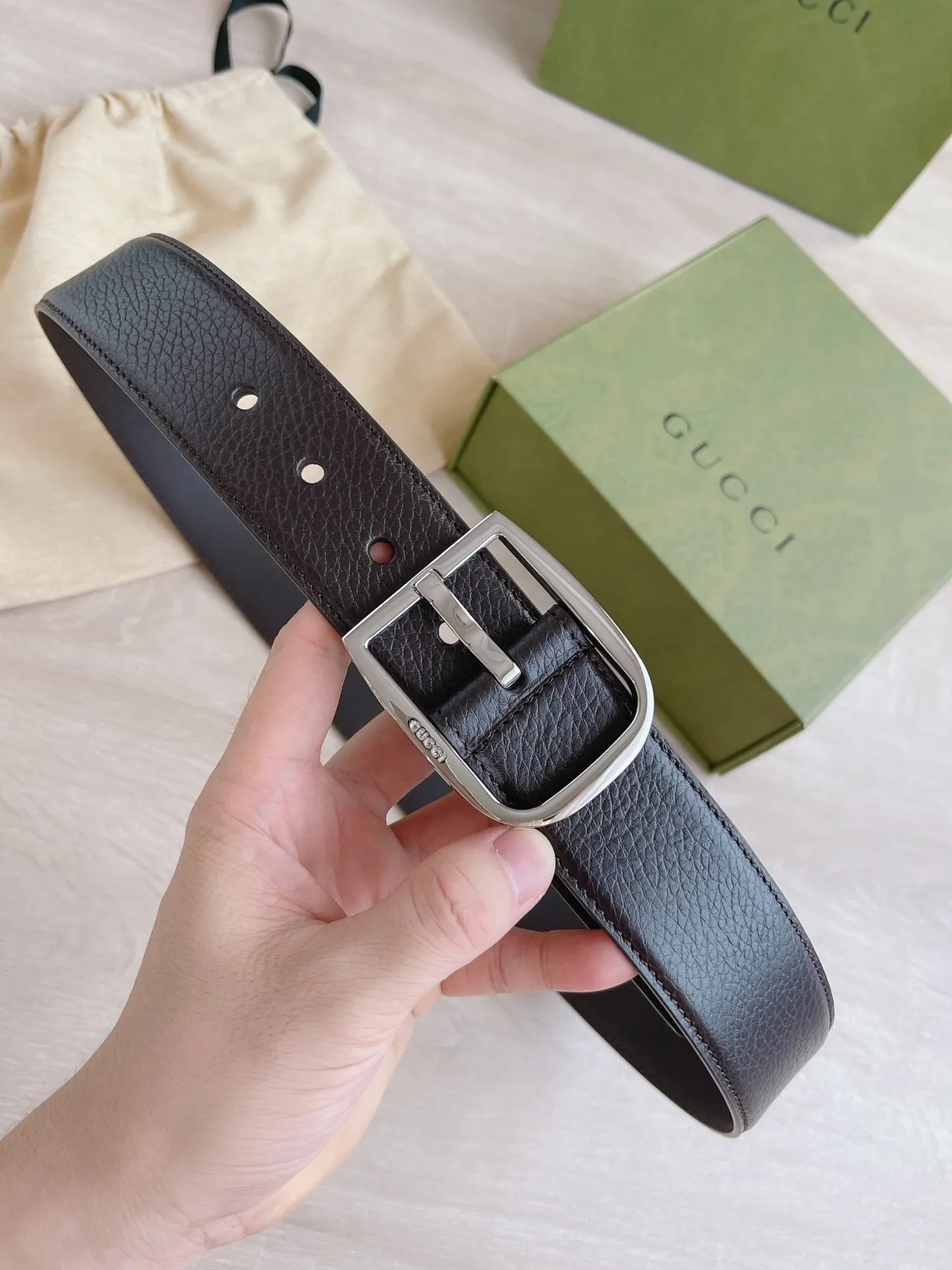 Gucci Cinto marrom prata texturizado fivela retangular de couro 7