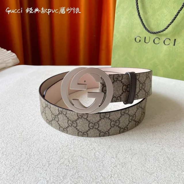 Gucci Classic Beige Silver Interlocking G Buckle GG Monogram Canvas Leather Belt 4