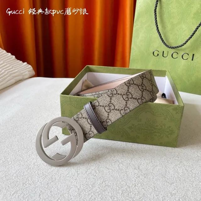Gucci Classic Beige Silver Interlocking G Buckle GG Monogram Canvas Leather Belt 5