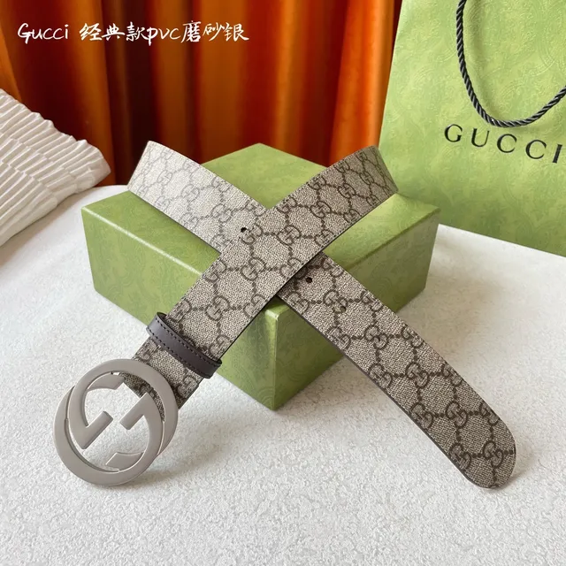 Gucci Classic Beige Silver Interlocking G Buckle GG Monogram Canvas Leather Belt 6