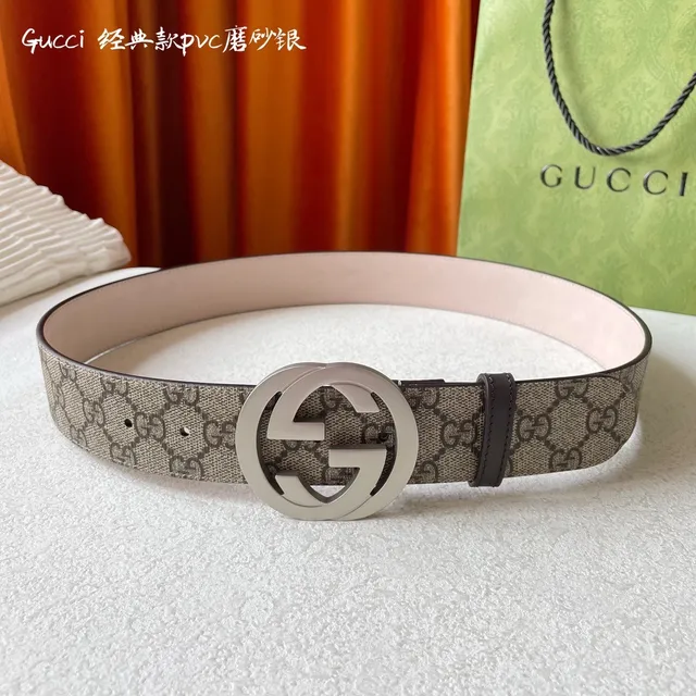 Gucci Classic Beige Silver Interlocking G Buckle GG Monogram Canvas Leather Belt 7