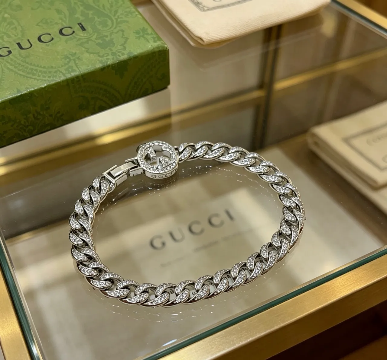 Gucci Crystal Curb Link Silver Transparent Interlocking G Clasp Bracelet 6