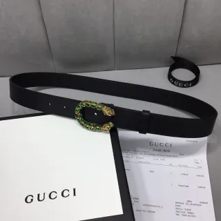 Gucci Dionysus Cinturón de cuero negro verde suave con hebilla de cabeza de tigre en tono dorado