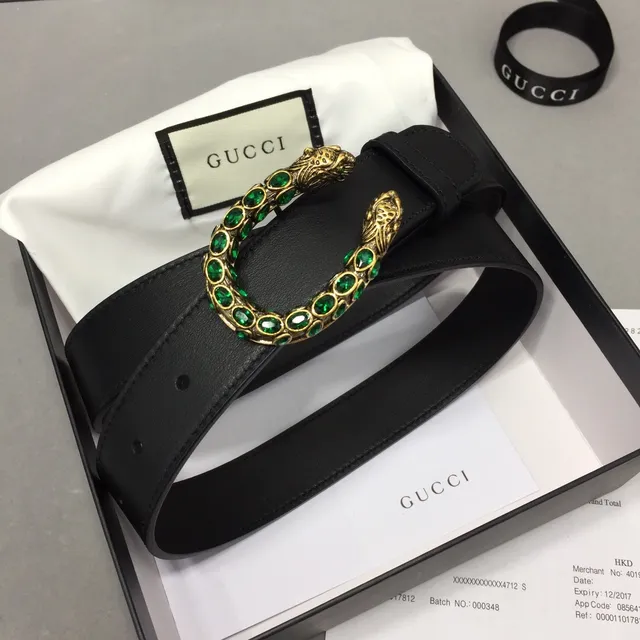 حزام جلدي Gucci Dionysus أسود أخضر ناعم مع إبزيم رأس النمر بلون ذهبي 2