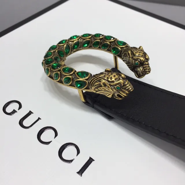 حزام جلدي Gucci Dionysus أسود أخضر ناعم مع إبزيم رأس النمر بلون ذهبي 3