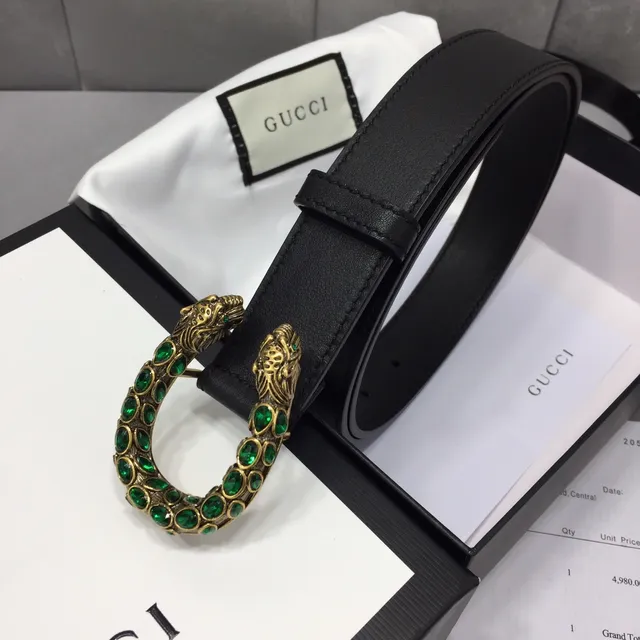 حزام جلدي Gucci Dionysus أسود أخضر ناعم مع إبزيم رأس النمر بلون ذهبي 4
