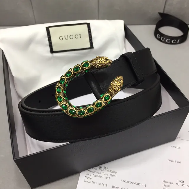 حزام جلدي Gucci Dionysus أسود أخضر ناعم مع إبزيم رأس النمر بلون ذهبي 5