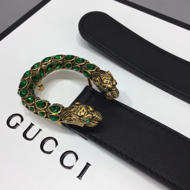 حزام جلدي Gucci Dionysus أسود أخضر ناعم مع إبزيم رأس النمر بلون ذهبي 7