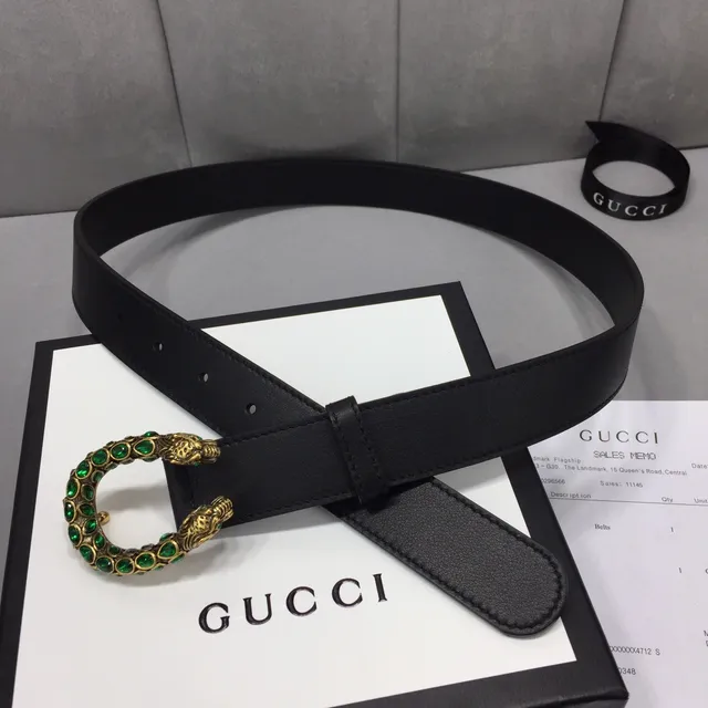 حزام جلدي Gucci Dionysus أسود أخضر ناعم مع إبزيم رأس النمر بلون ذهبي 8