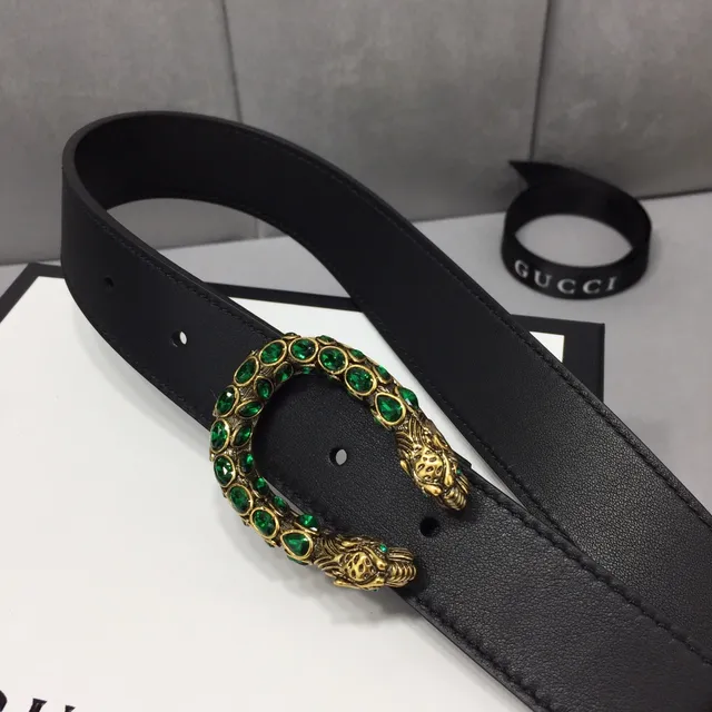 حزام جلدي Gucci Dionysus أسود أخضر ناعم مع إبزيم رأس النمر بلون ذهبي 9