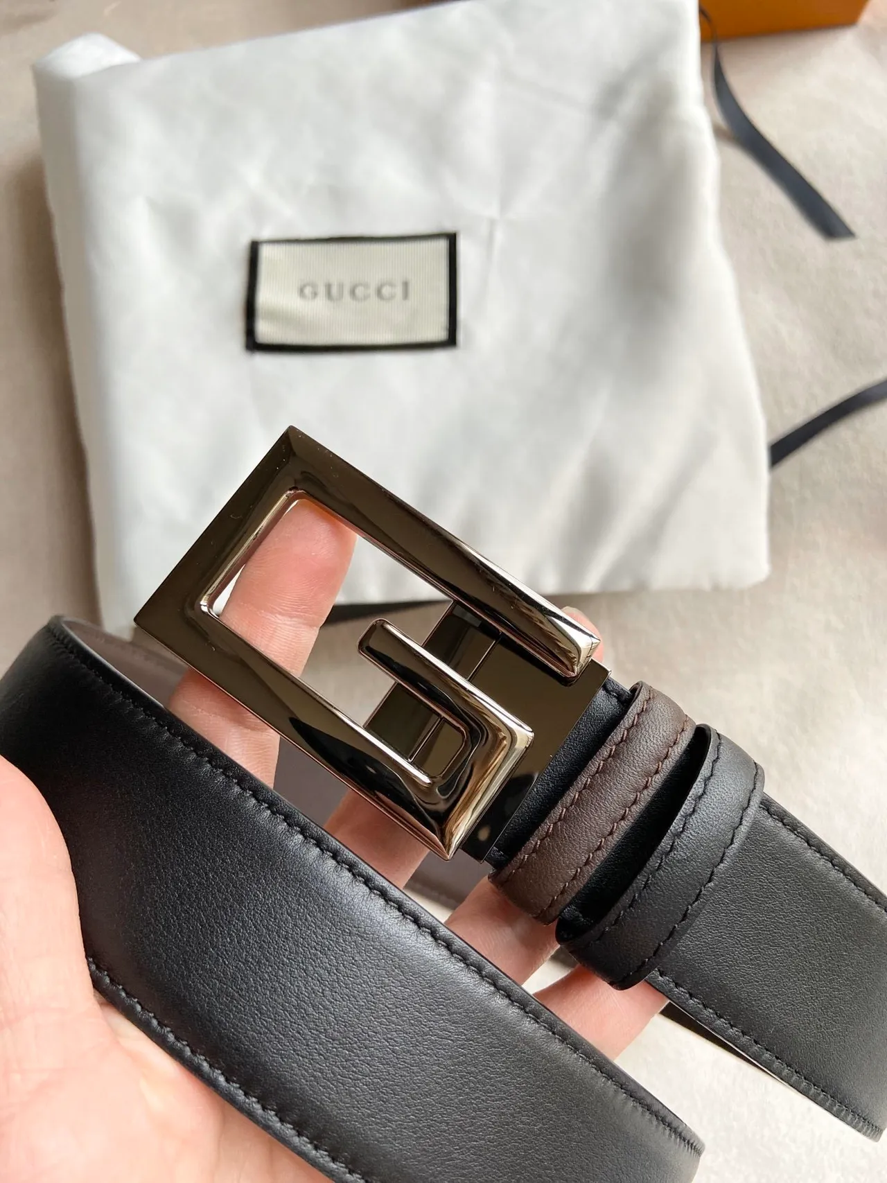 Gucci Double G Cinto de couro preto e marrom 2