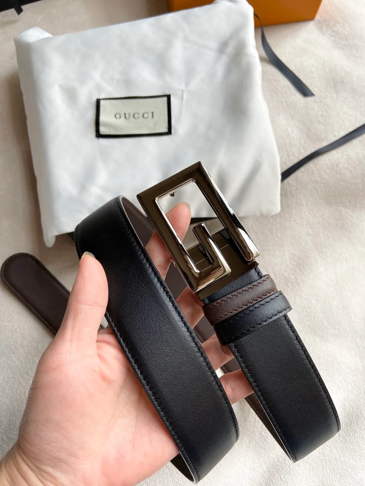 Gucci Double G Cinto de couro preto e marrom 8