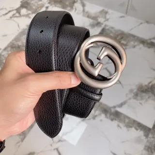 Gucci Double G Belt Noir Cuir pebbled Boucle de ton argent Cuir