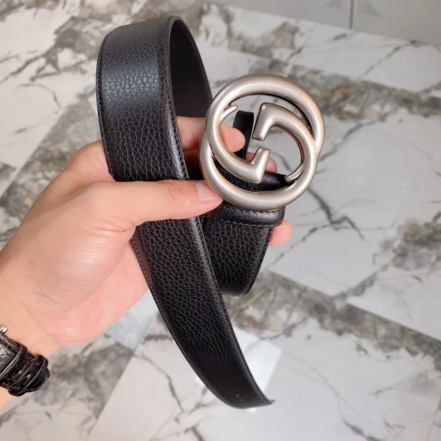 Gucci Double G Belt 黑色压纹皮革 银色扣头 皮革腰带 4