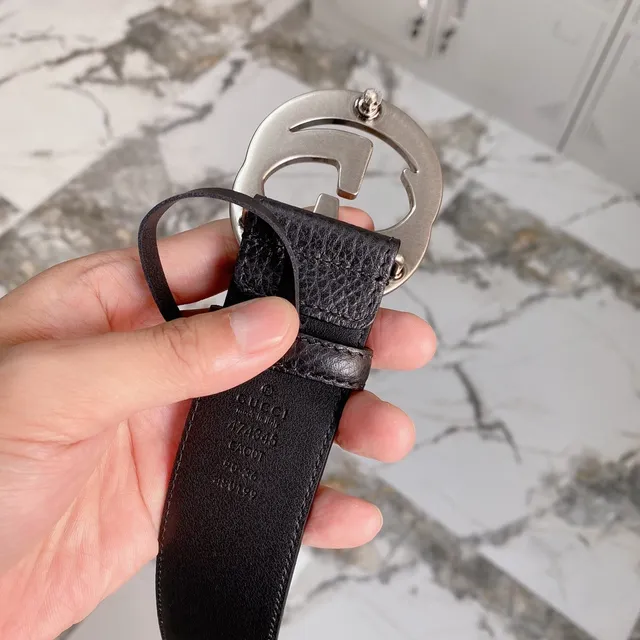 Gucci Double G Belt 黑色压纹皮革 银色扣头 皮革腰带 7