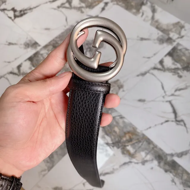 Gucci Double G Belt 黑色压纹皮革 银色扣头 皮革腰带 9